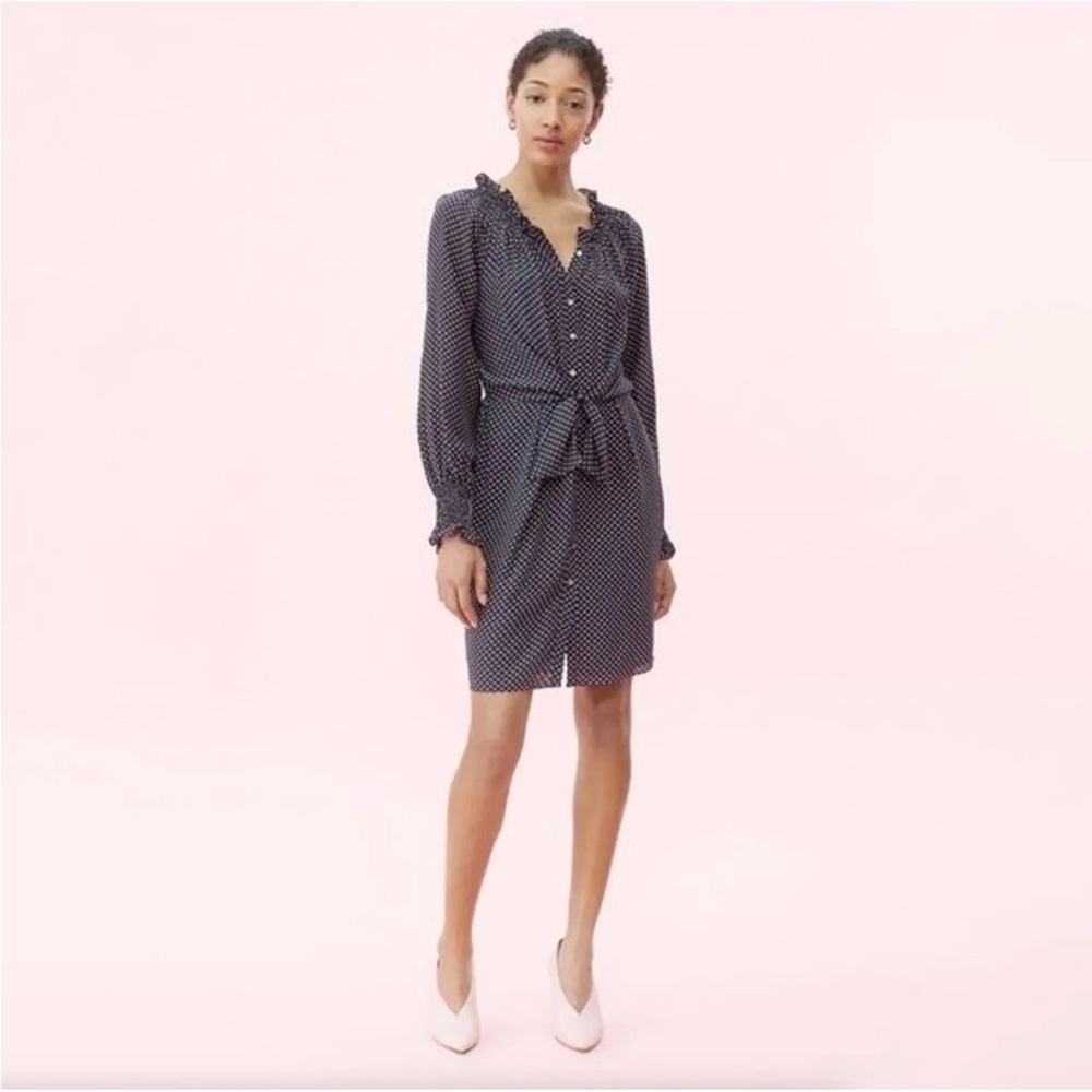 Rebecca Taylor Dot Print Tie Front Navy Blue Silk Dress